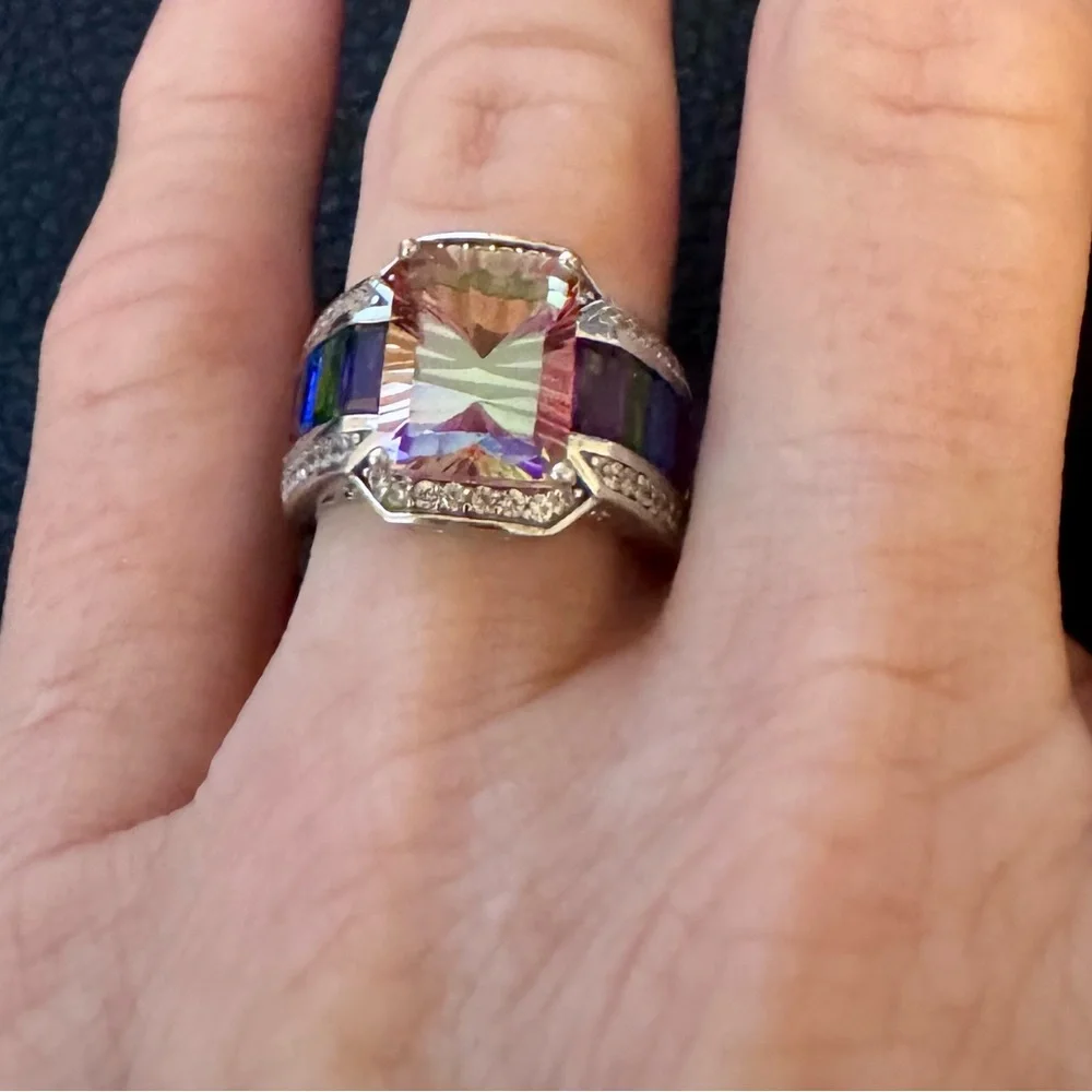 Northern lights(TM) quartz multi-gem & white zircon rhodium over sterling. Sz 7. - Picture 3 of 4